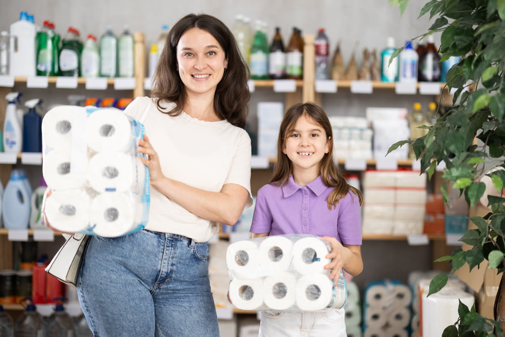 Woman with daughter choosing toilet paper in store