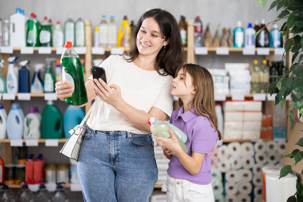 Mother and daughter checking expiration date of dishwashing liquid using smartphone in household supermarket