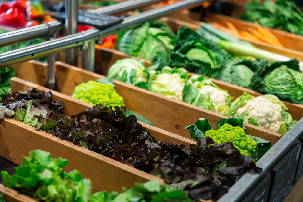 Showcase of just-picked vegetables offered for sale in eco products store