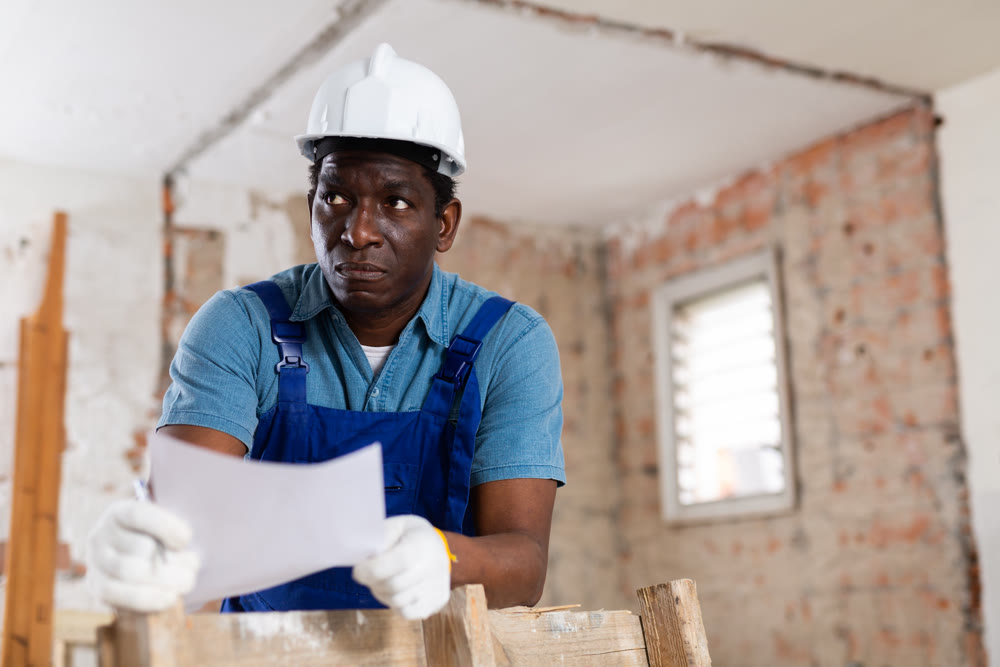 Portrait of man builder with project documentation