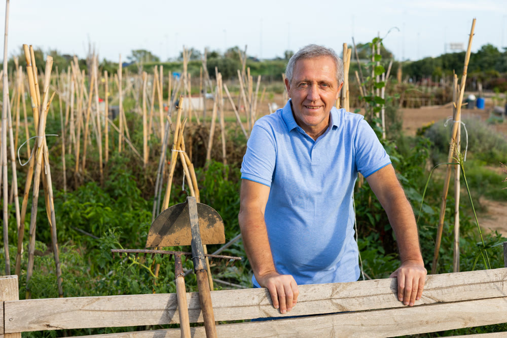Portrait of positive man at fence in garden