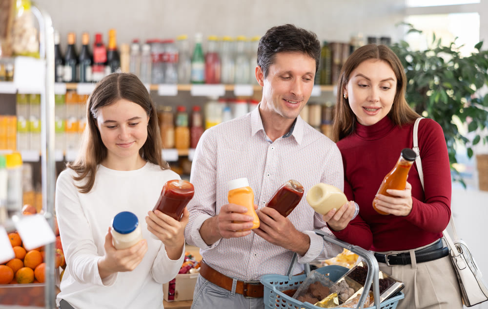 Couple man and woman with girl choosing sauces in grocery