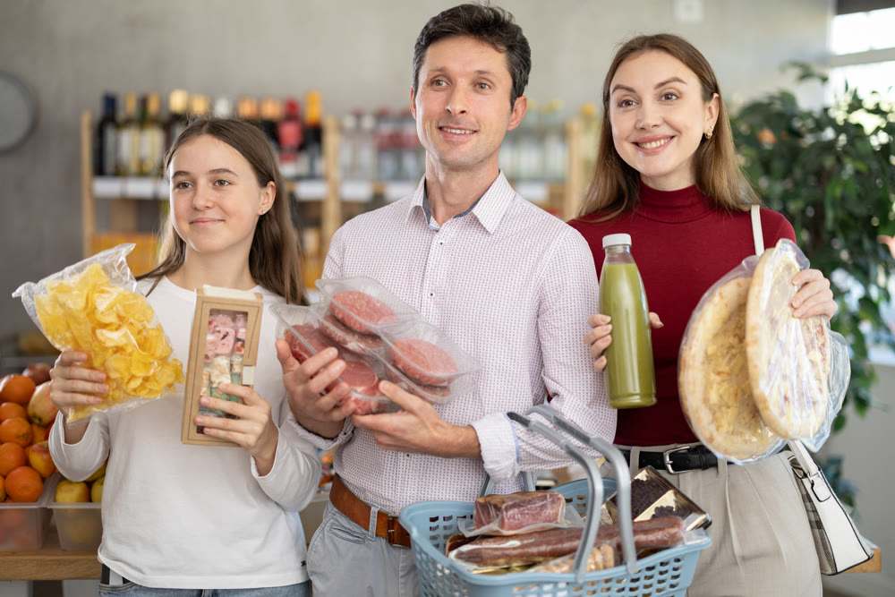 In store, family with purchases in hands looking for something on shelf of showcase