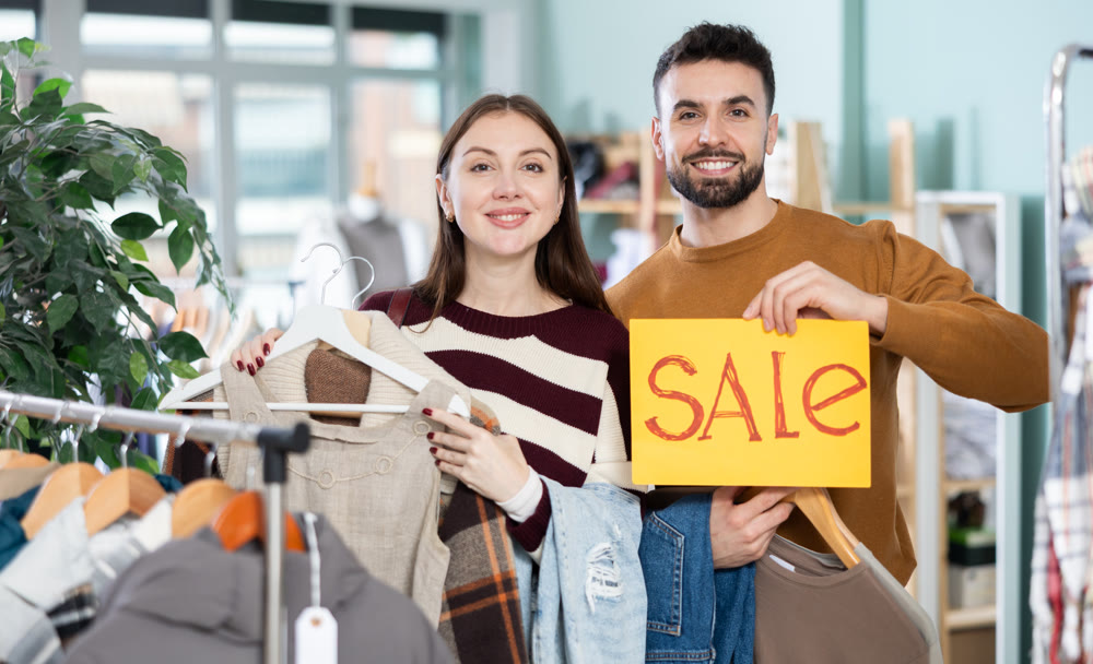 Joyful couple holding sales poster in clothing store