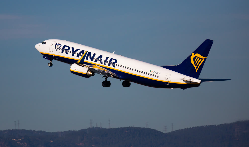 Barcelona, El Prat - February 02, 2020: Airline Ryanair plane takes off from the runway at Barcelona El Prat airport. Board number EI-DCO