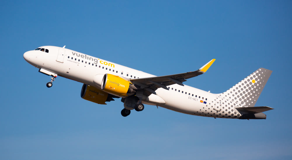 Barcelona, El Prat - February 02, 2020: Airline Vueling plane takes off from the runway at Barcelona El Prat airport. Board number EC-NCT