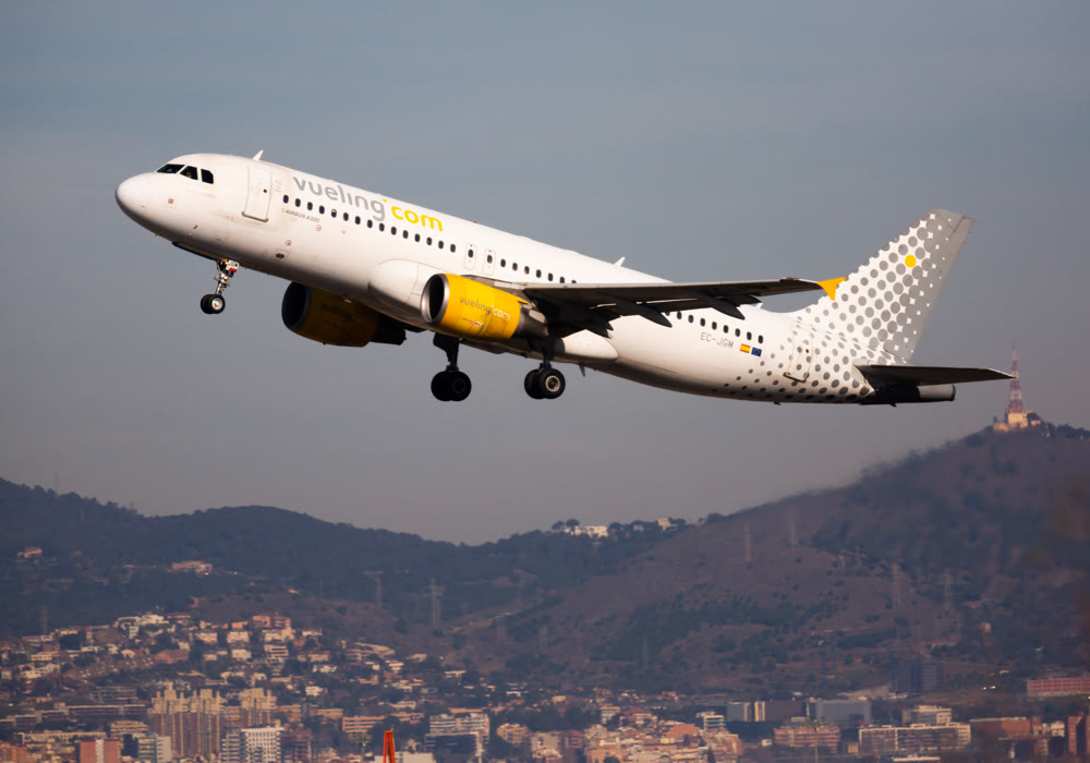 Barcelona, El Prat - February 02, 2020: Airline Vueling plane takes off from the runway at Barcelona El Prat airport. Board number EC-JGM