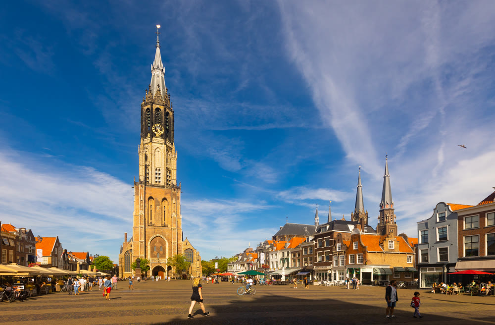 DELFT, NETHERLANDS - AUGUST 7, 2022: View of Cameretten Town square
