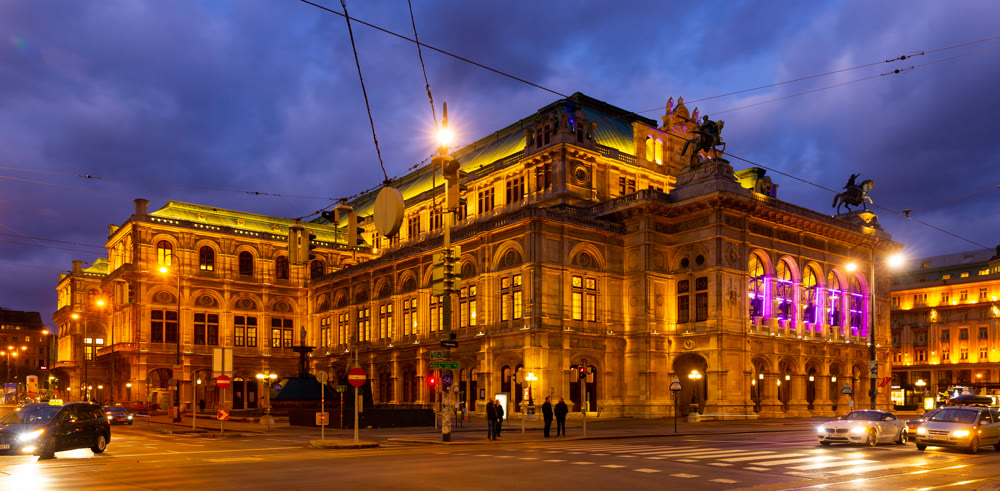 Central avenue of Vienna and illuminated State Opera at winter twilight