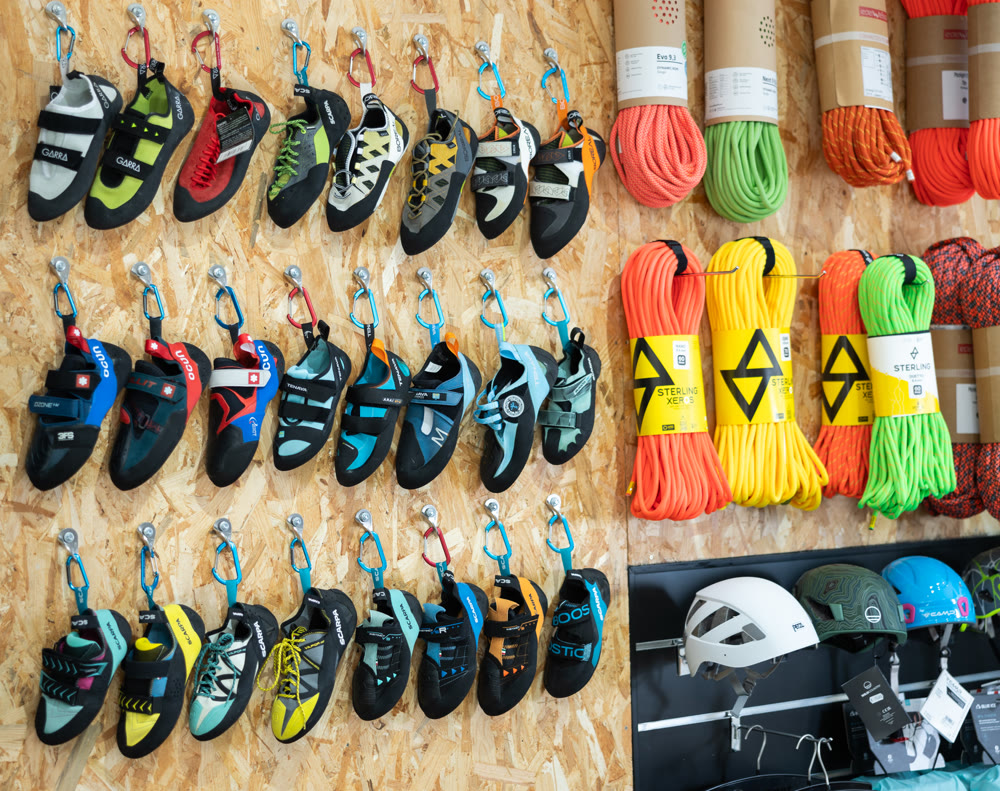 Reus, Spain - November 22, 2023: Sports shoes for climbing in sports store