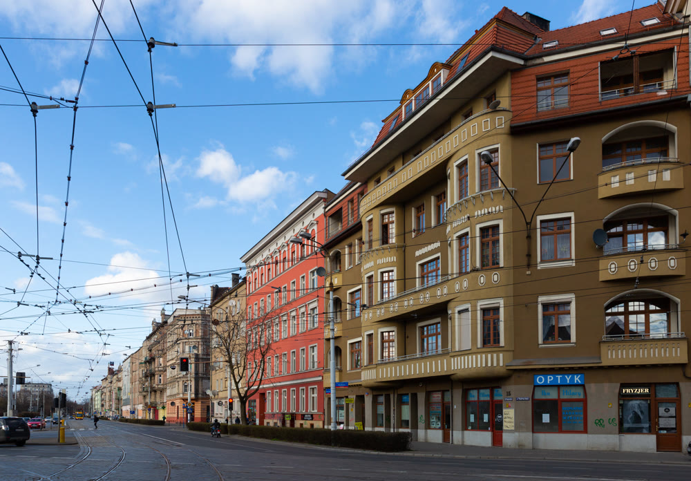 Center of city Wroclaw with tramline and historic architecture. Poland