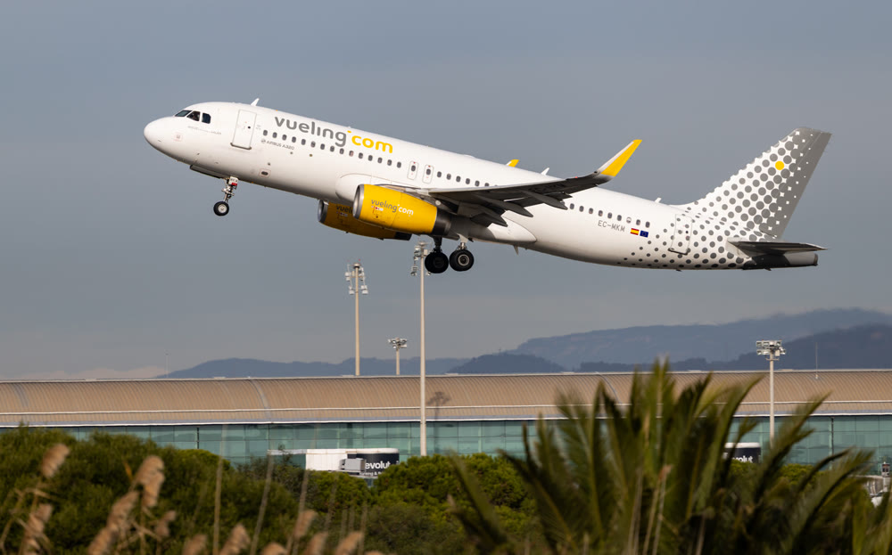  Vueling Airbus A320-232 airplane takes off from Barcelona Airport