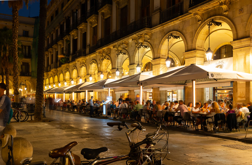 SPAIN, BARCELONA - SEPTEMBER 2, 2023: Placa Reial square in Gothic Quarter of Barcelona