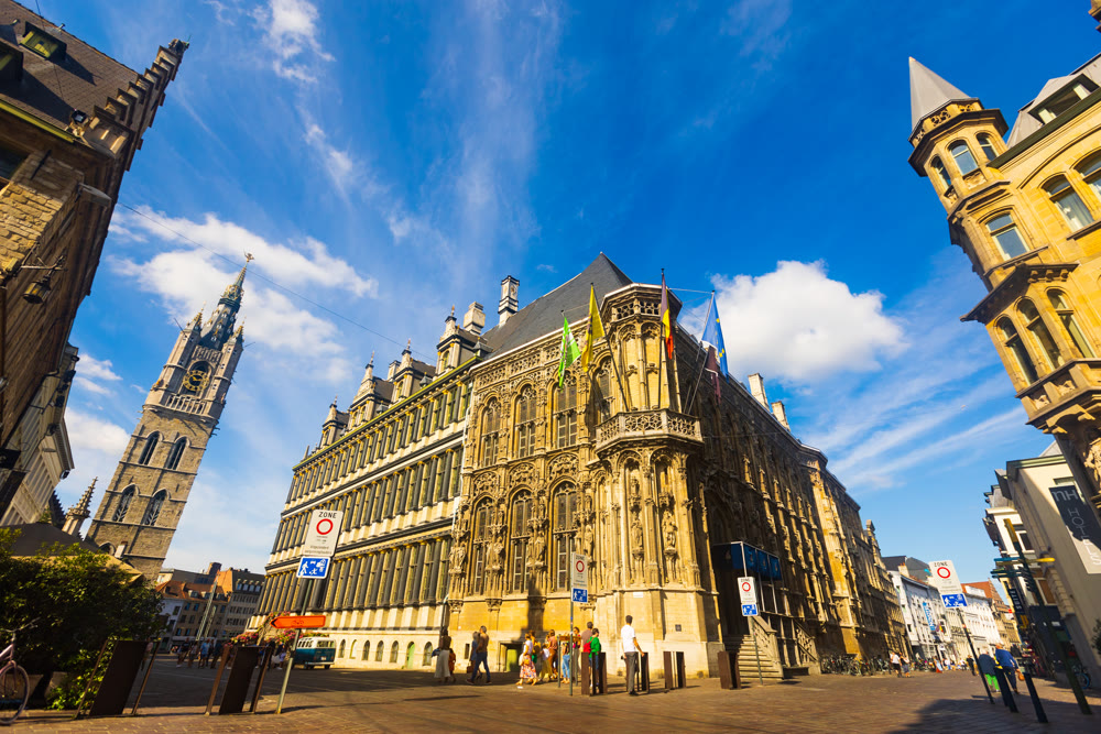 Ghent, Belgium - August 06, 2022: Buildings of Ghent City Hall and Town Hal