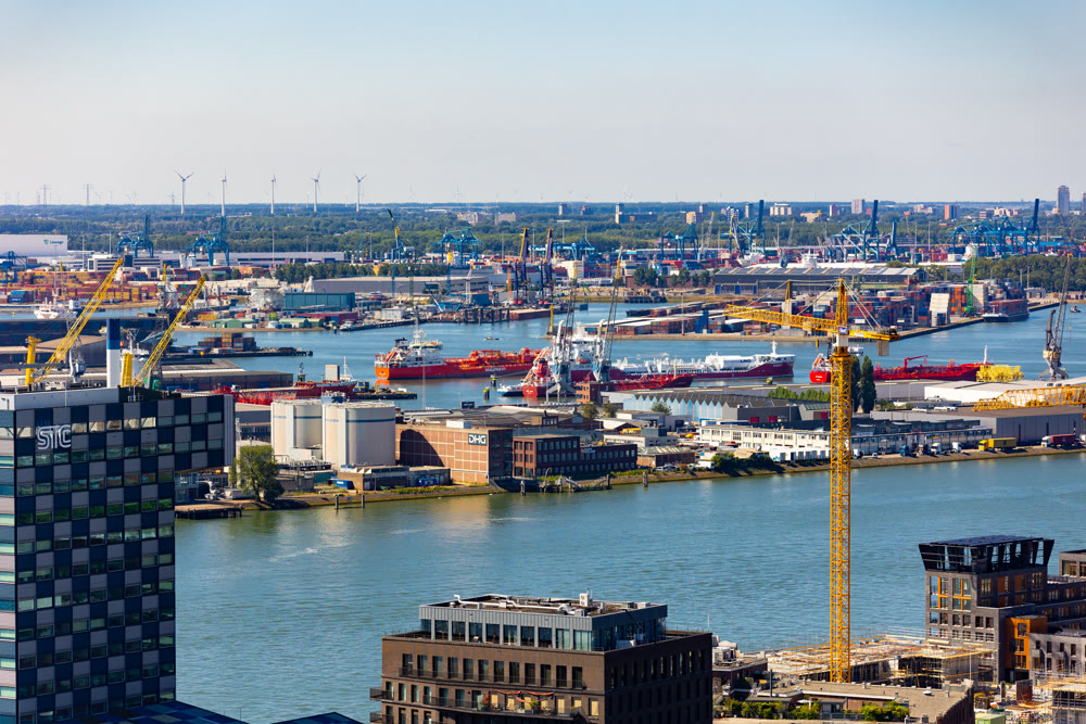 ROTTERDAM, NETHERLANDS - AUGUST 7, 2022: Aerial view of the largest port in Europe