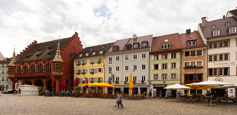 Street scene with historic architecture in own Freiburg im Breisgau