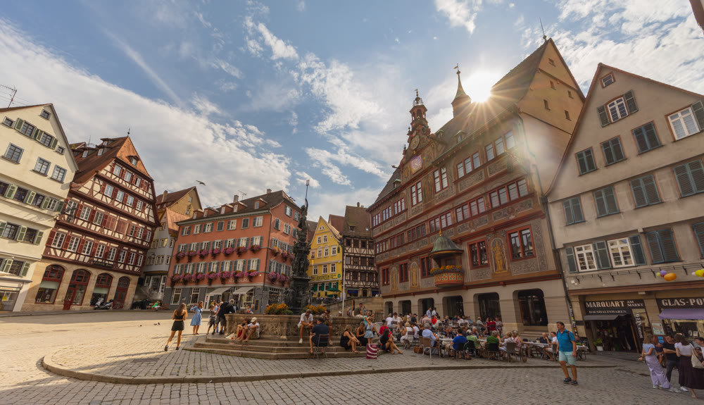 Historic Marktplatz square with traditional timber-framed houses in Tubingen