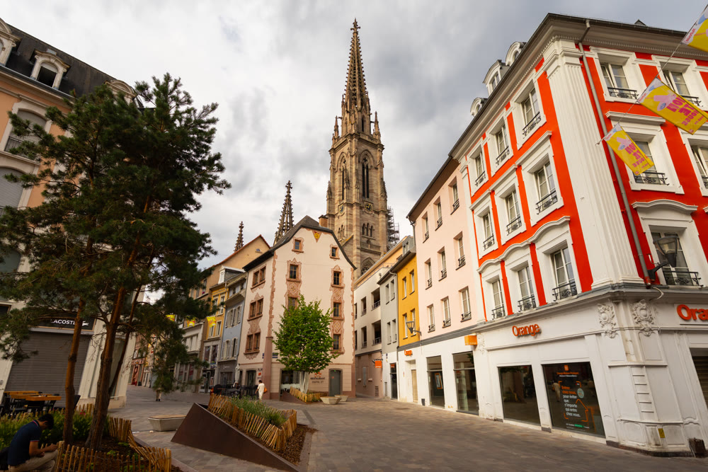 Temple Saint-Etienne Calvinist church Cathedral of Mulhouse building in old town Mulhouse city historic centre, Alsace Grand Est region, France