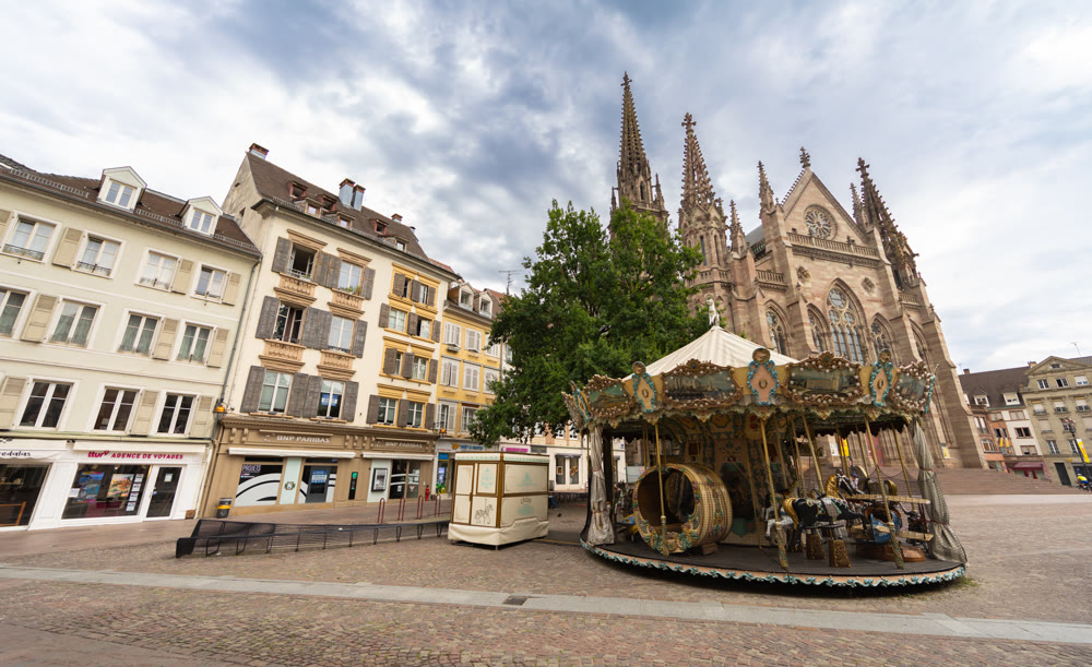 Temple Saint-Etienne Calvinist church Cathedral of Mulhouse building in old town Mulhouse city historic centre, Alsace Grand Est region, France