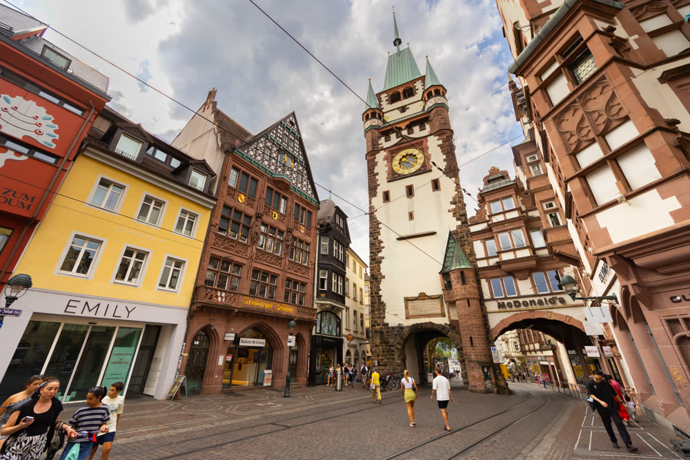 Modern view of Martin Gate Martinstor, Germany, Freiburg im Breisgau