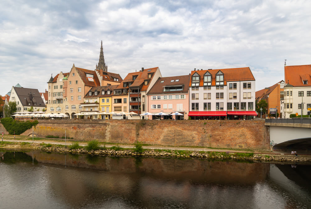 View of Ulm town from opposite bank of Danube river.