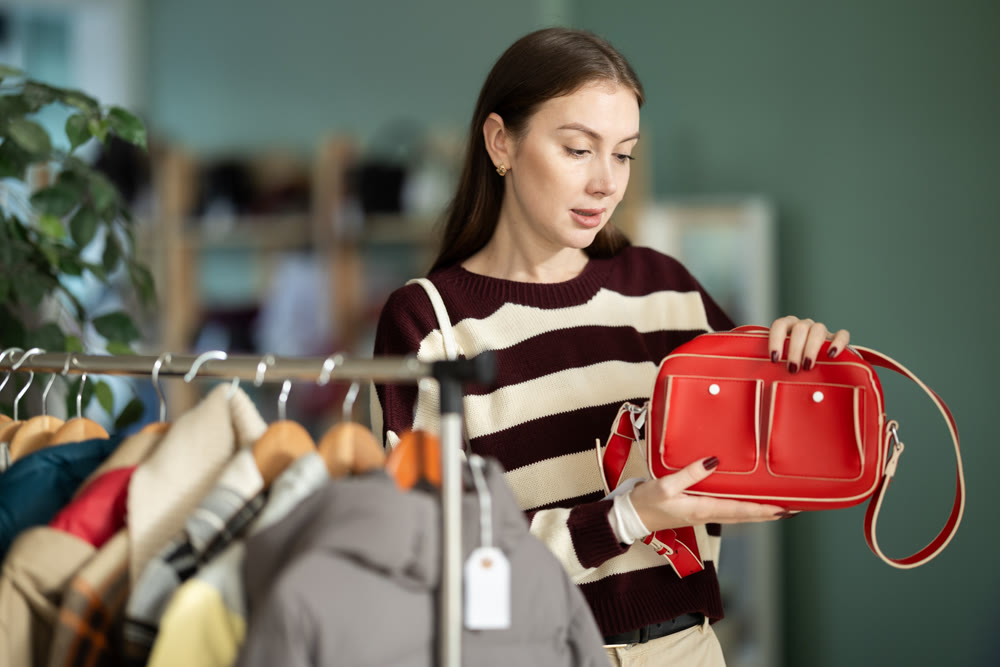 Young women choosing handbag in store