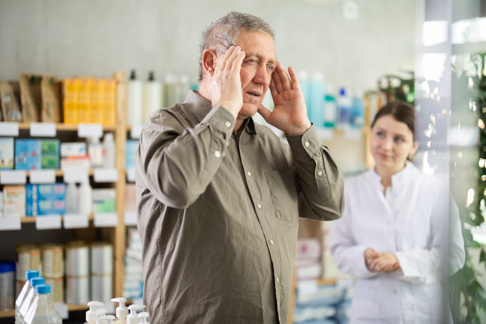 Man with headache choosing pills with help of pharmacist