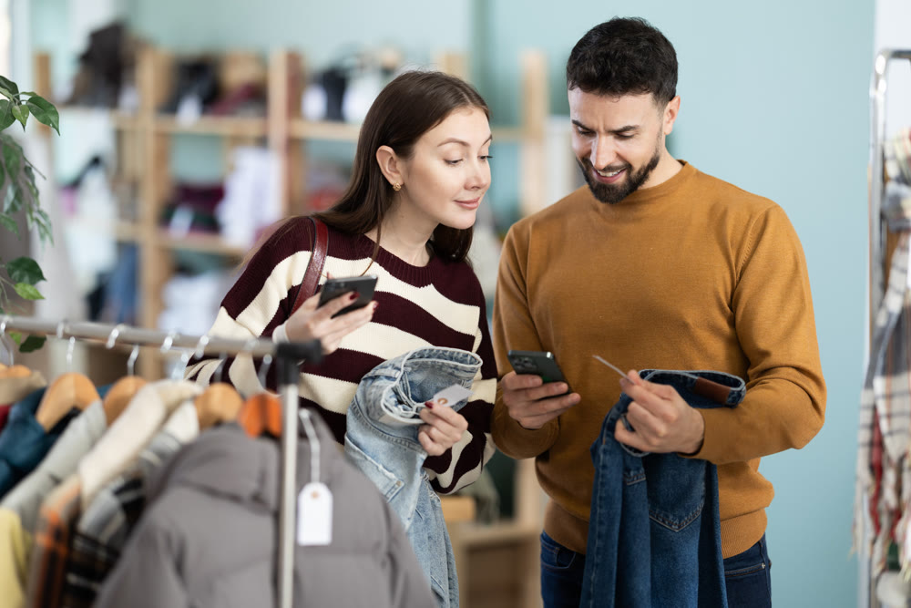 Couple choosing jeans and scanning tags on mobile