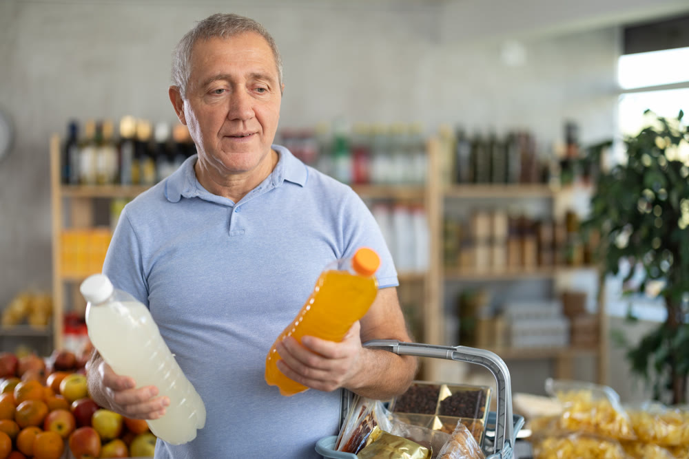 Elderly man chooses soda at grocery store
