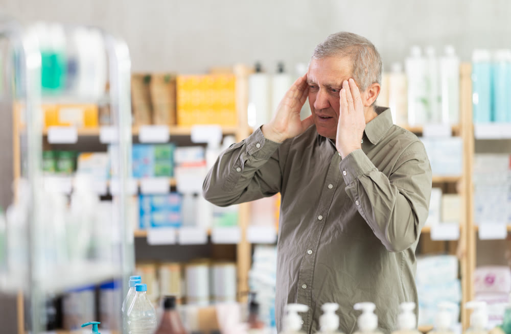 Senior man with headache looking for medicine in pharmacy