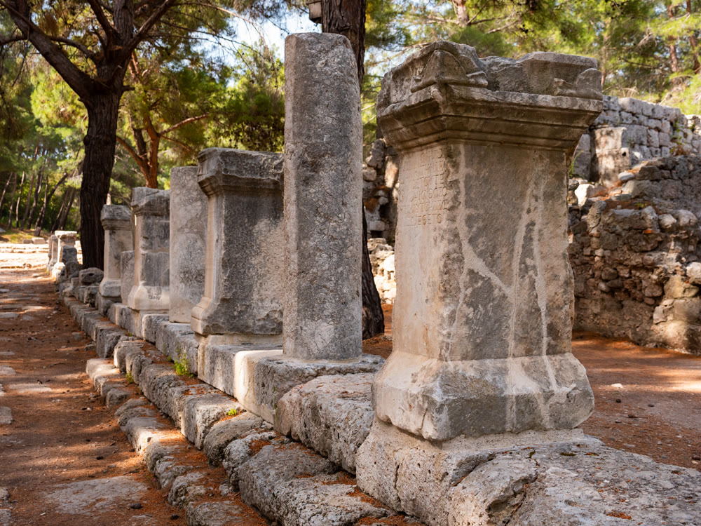 Colonnaded paved ancient street in Phaselis, Turkey