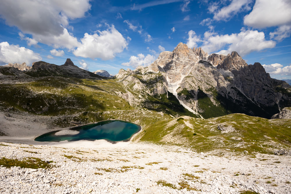 Small alpine lakes Laghi dei Piani in Italian Dolomite mountains