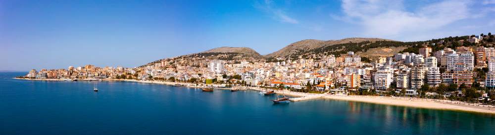 View from drone of Saranda city, Albania