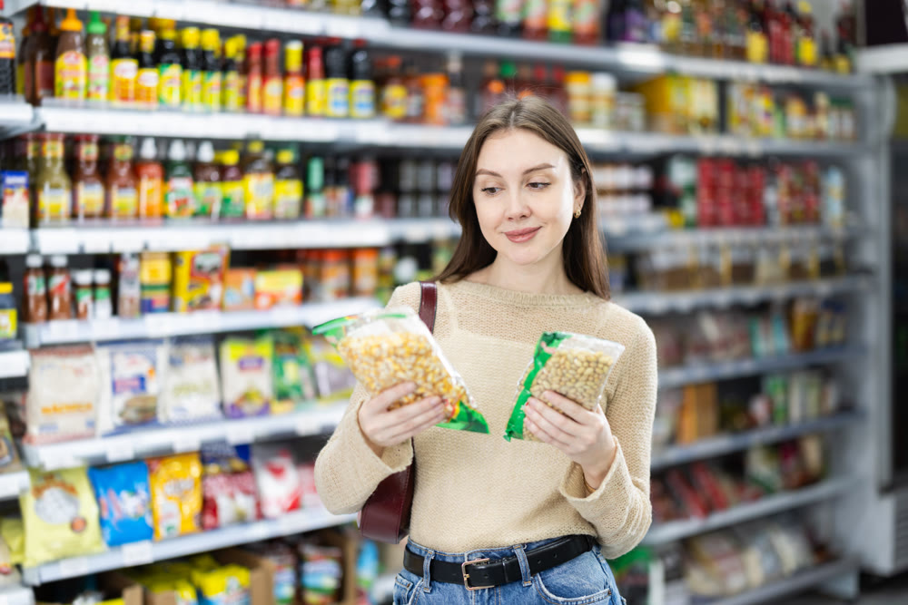 Girl in supermarket search and select product beans
