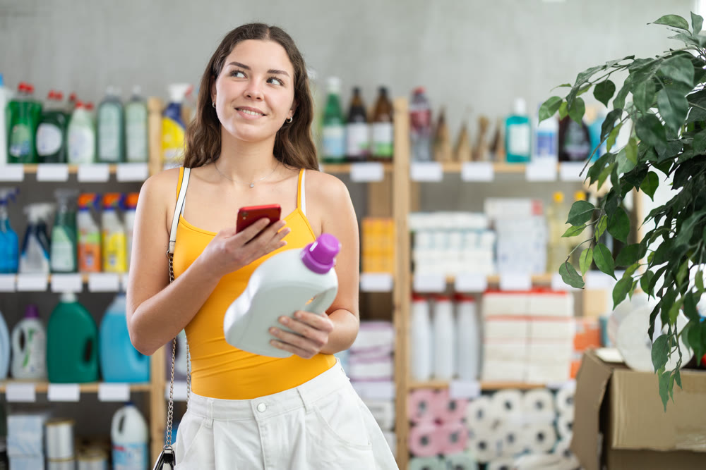 Young woman scanning barcode on cleaning product