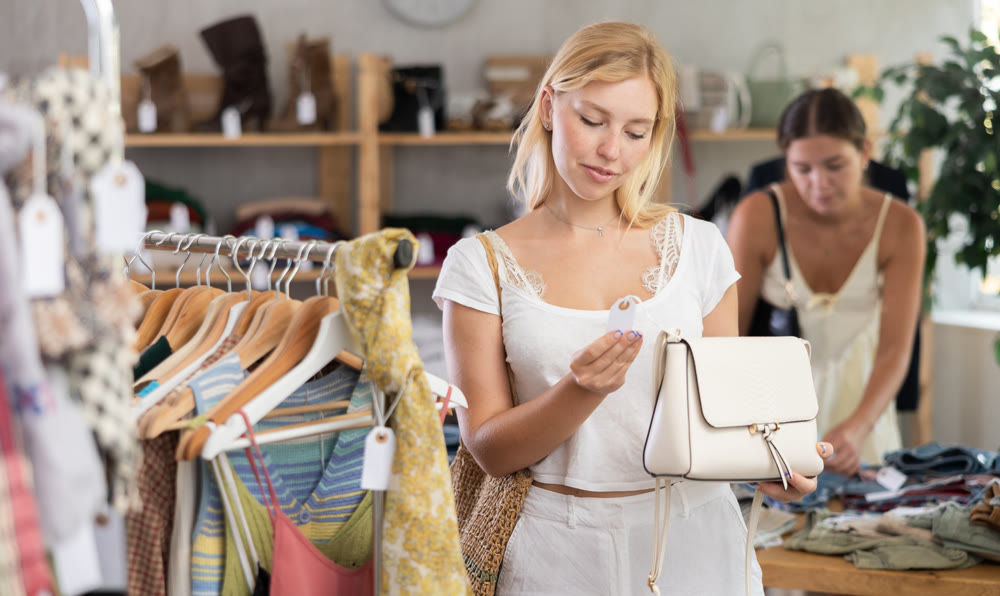 Two young women choosing handbag in store
