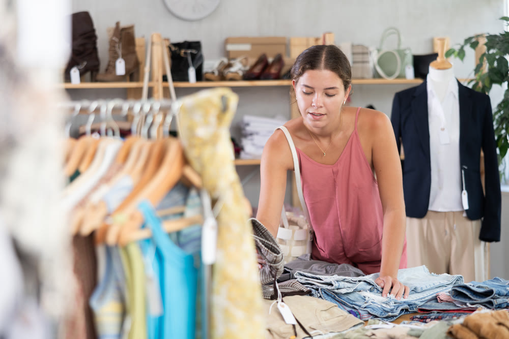 Young woman chooses trousers in clothing store