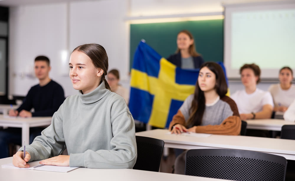 Young girl student diligently studies at school