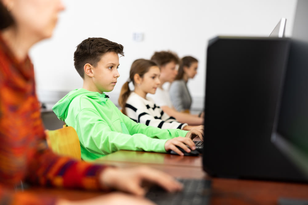 Preteen boy learning basics of programming in computer college