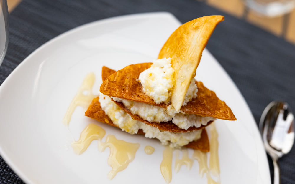Portion of cottage cheese with sweet honey close up
