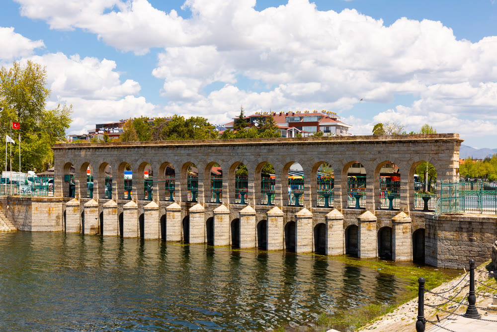 Beysehir stone bridge view in town. Turkey
