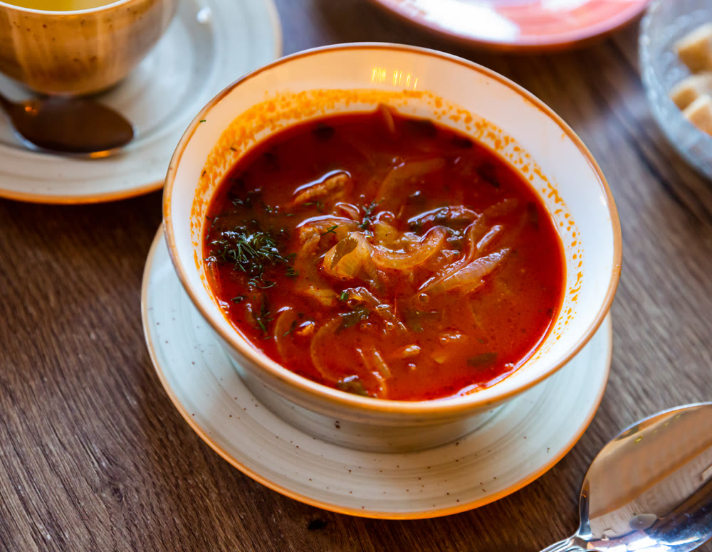 Tomato soup with pork, traditional russian cuisine