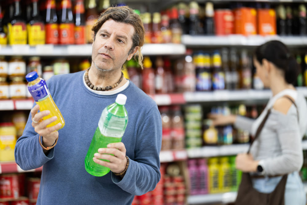 Man in supermarket choose drink