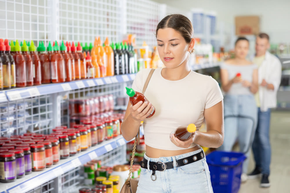 Positive female customer choosing spicy sauce in supermarket
