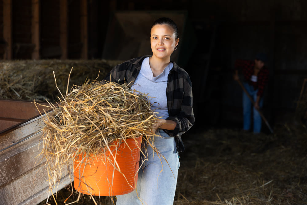 Asian young female worker walks go through corridor of stable, carrying basket with hay