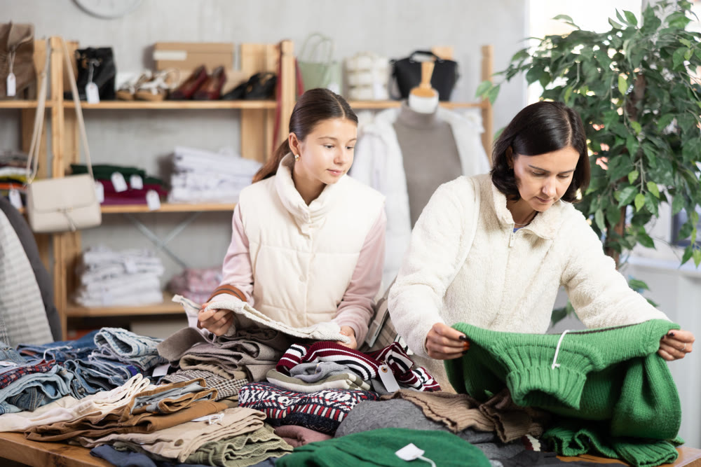 Mother and teen daughter looks at products in store and selects knitted jumper.
