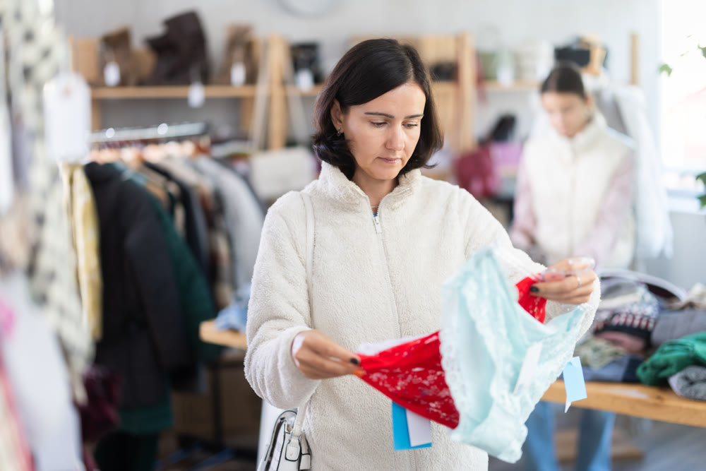 Adult woman chooses panties in clothing store