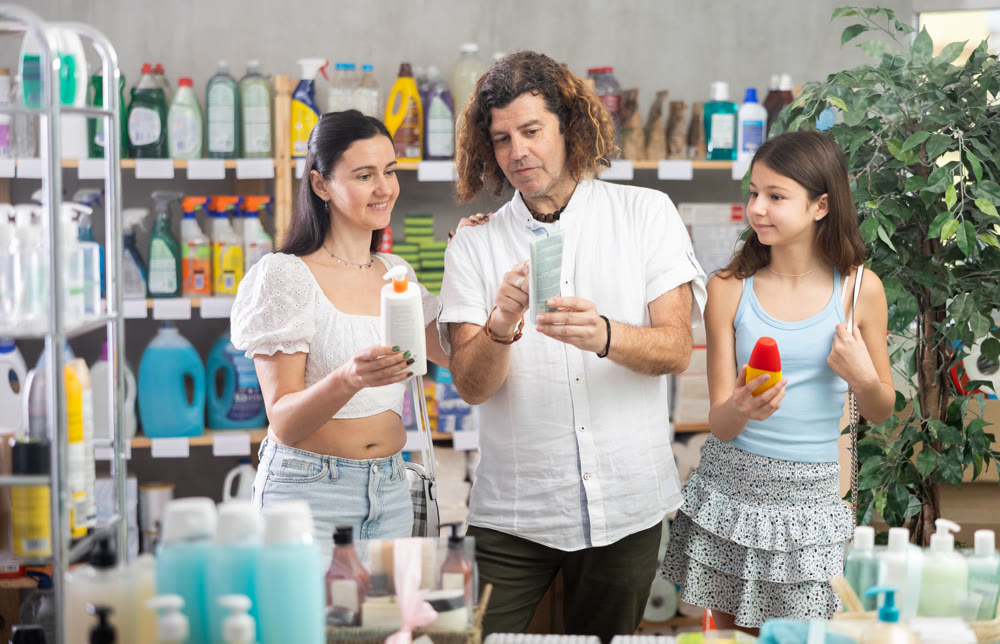 Friendly family choosing sunscreen products in store