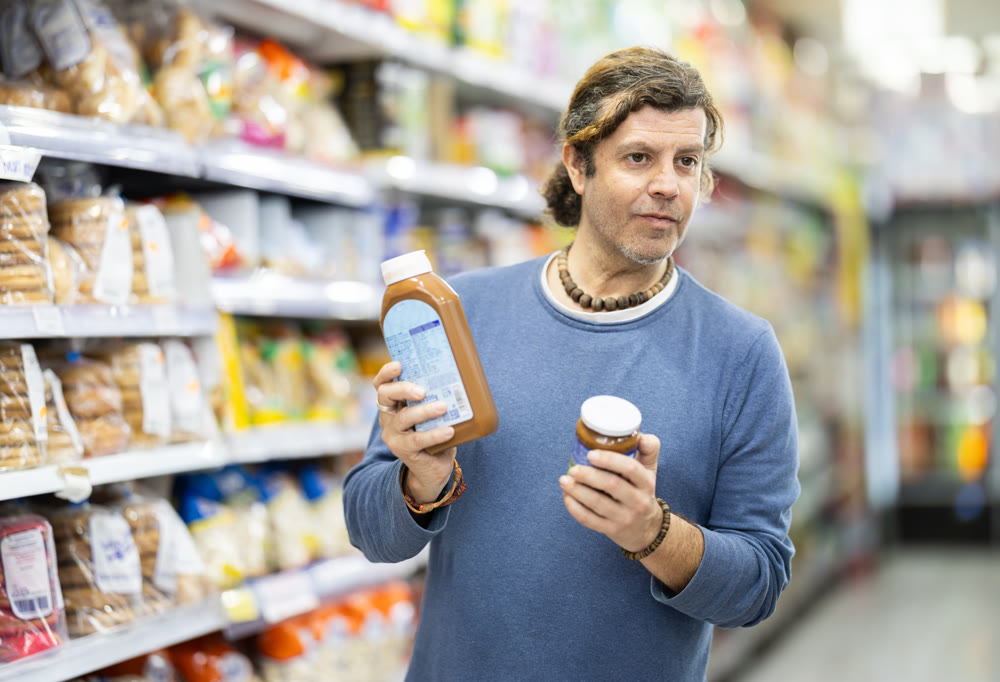Adult man chooses sauces in grocery store