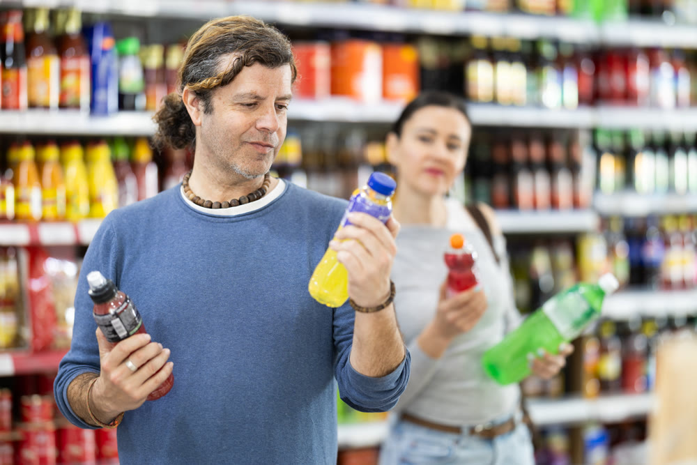 Couple adult man and woman choosing soft drinks in store